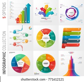 Infographic collection of 5 options vector templates for presentations, data visualization, business concepts, advertisement, diagrams, annual reports, web design.