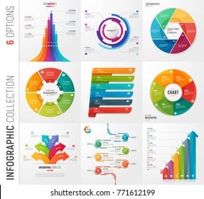 Infographic collection of 6 options vector templates for presentations, data visualization, business concepts, advertisement, diagrams, annual reports, web design.