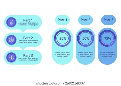 Coleta de infográficos de vários pontos de dados. Seções para diferentes partes e indicadores de progresso percentual que tornam as informações claras e atraentes para os espectadores