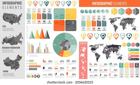 Infographic collection with world map and charts. Infographic template. Business and finance concept. Vector