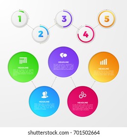 Infographic with colored numbers of steps on circles, icons of team, clock, date. Vector template for annual report, diagram and workflow chart. Timeline layout with 5 options for work process design.