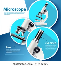 Infographic colored and realistic blue microscope with pointer on lens and eyepiece vector illustration