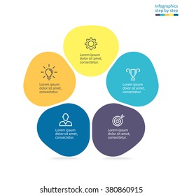 Infographic with colored sections. Business chart, graph, diagram with 5 steps, options, parts, processes. Vector business template in blue and yellow for presentation.