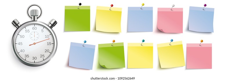 Infographic with colored stickers with pins and stopwatch on the white background. Eps 10 vector file.