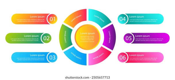 Infographic Colorful Circle Design with Six Sections. Cycle Diagram with 6 Options. Round Pie Chart for Data Visualization.