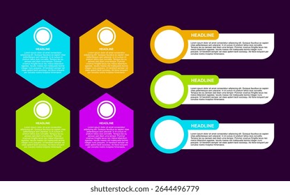 Infográfico colorido hexagonal caixas de texto para promoção de negócios com manchetes e texto de exemplo.