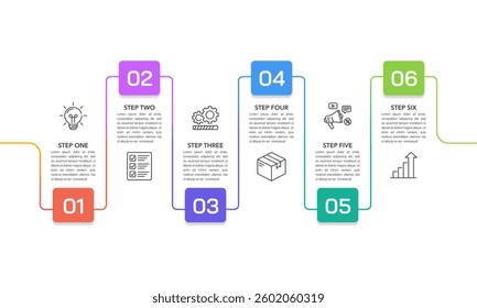 Infographic colorful line with number 6 options or steps to success . Presentation, Report, Data, Strategy and Plan. Vector illustration.