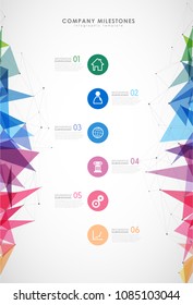 Infographic colorful milestones time line vector template with icons.