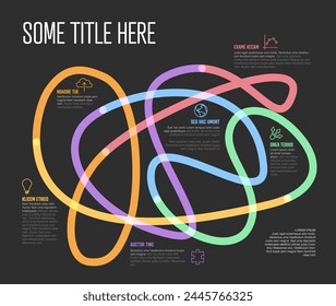 Infographic with colorful swirling curves in big tangle with placeholder text icons for various data. Multipurpose infochart for various data presentation on dark background