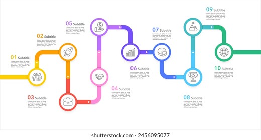 Infografik bunte Vorlage. Business Timeline von 10 wichtigen Business Events Geschäftspräsentation. Vektorillustration.