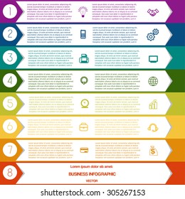 Infographic Colourful arrows template from white strips with text areas on eight positions