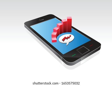 An infographic, coming out of a cellphone like a hologram and surrounding a speech bubble on the screen, indicating rising trends.