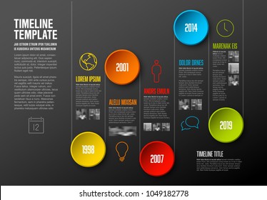 Infographic Company Milestones Timeline Template with colorful circles and photo placeholders - dark version