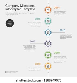 Infographic for company milestones timeline template with colorful circles and icons, isolated on light background. Easy to use for your website or presentation.