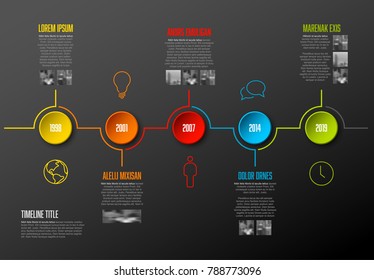 Infographic Company Milestones Timeline Template with colorful circles and photo placeholders - dark version