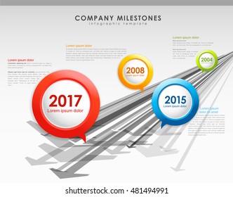 Plantilla vectorial de escala de tiempo de hitos de la empresa infográfica con flechas.