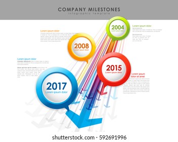 Infographic company milestones timeline vector template with arrows.