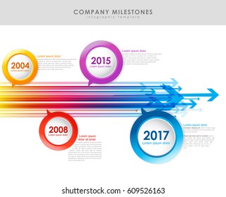 Infographic company milestones timeline vector template with arrows.