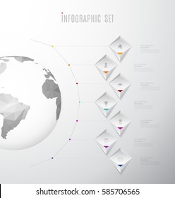 Infographic company template with seven labels and icons line up beside polygonal map - light version.