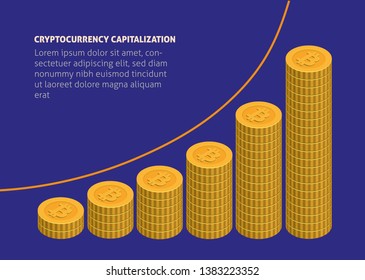 infographic composition with many coins stacked and showing growth of modern popular cryptocurrency capitalization
