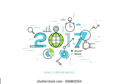 Infographic concept 2017 year of opportunities. New global trends and perspectives in online search, internet tools for business and project management. Vector illustration in thin line style.