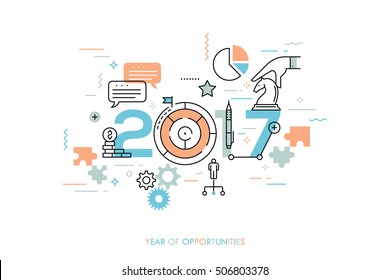 Infographic concept 2017 year of opportunities. Future trends and prospects in business challenges, strategies, international networking, communication. Vector illustration in thin line style.