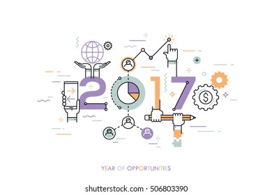 Infographic concept 2017 year of opportunities. New trends and prospects in global business communication, networking, teamwork strategies. Hopes and fears. Vector illustration in thin line style.