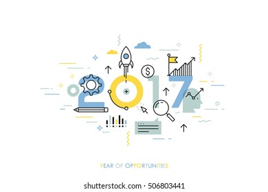 Infographic concept 2017 year of opportunities. New trends and prospects in startups, business development, profit growth strategies. Plans and expectations. Vector illustration in thin line style.