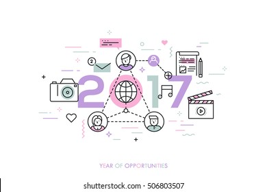 Infographic concept 2017 year of opportunities. New trends and prospects in global communication, online networking, social media, internet content sharing. Vector illustration in thin line style.