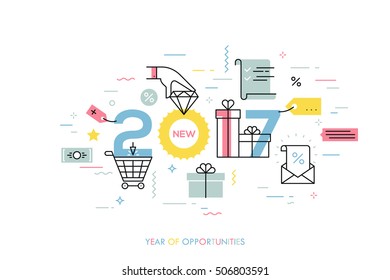Infographic concept 2017 year of opportunities. New trends and prospects in internet shopping, online sales and discounts, buying luxury goods. Vector illustration in thin line style for banner.