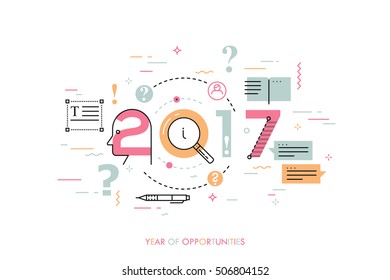 Infographic concept 2017 year of opportunities. New trends and prospects in copywriting, text editing applications and technologies, information search. Vector illustration in thin line style.