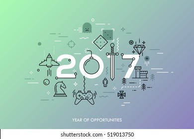 Infographic concept 2017 year of opportunities. New trends and prospects in game development, online gaming, streaming applications, internet competitions for gamers. Vector illustration.