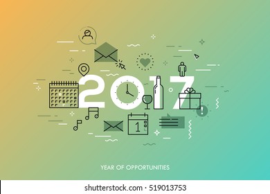 Infographic concept 2017 year of opportunities. Plans and expectations for holidays, new year's party, vacation. Gifts and surprises. Vector illustration in thin line style for banner, header.