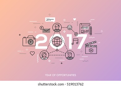 Infographic concept 2017 year of opportunities. New trends and prospects in global communication, online networking, social media, internet content sharing. Vector illustration in thin line style.