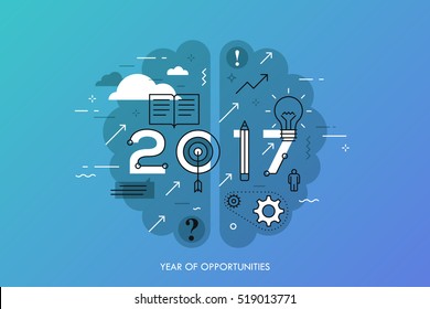 Infographic concept 2017 year of opportunities. New hot trends and prospects in education, global learning, idea generation, self-improvement techniques. Vector illustration in thin line style.