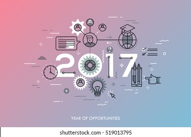 Infographic Concept 2017 Year Of Opportunities. New Trends And Prospects In International Education, Student Exchange Programs, Online And Distance Learning. Vector Illustration In Thin Line Style.