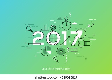 Infographic concept 2017 year of opportunities. New global trends and perspectives in online search, internet tools for business and project management. Vector illustration in thin line style.