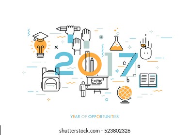 Infographic concept: 2017 - year of opportunities. New trends, prospects and predictions in science, scientific studies, schooling system and higher education. Vector illustration in thin line style.