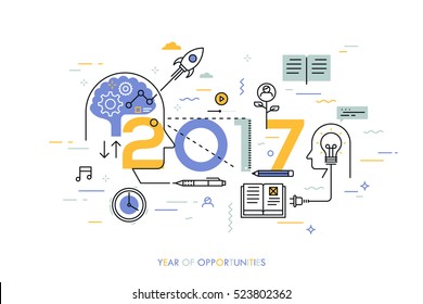 Infographic concept: 2017 - year of opportunities. New trends in idea generation, time management, experience exchange, self-education and self-development. Vector illustration in thin line style.