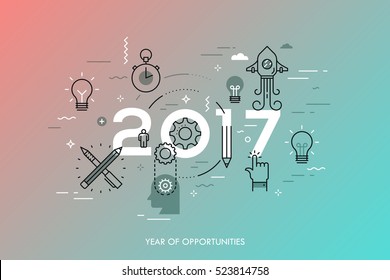 Conceito infográfico: 2017 - ano de oportunidades. Novas tendências e previsões em startups, geração de ideias, inovações, pensamento moderno. Planos e perspectivas. Ilustração vetorial em estilo de linha fina.