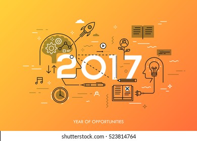 Infographic concept: 2017 - year of opportunities. New trends in idea generation, time management, experience exchange, self-education and self-development. Vector illustration in thin line style.