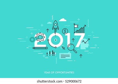 Infographic concept 2017 year of opportunities. New trends and prospects in startups, business development, profit growth strategies. Plans and expectations. Vector illustration in thin line style.