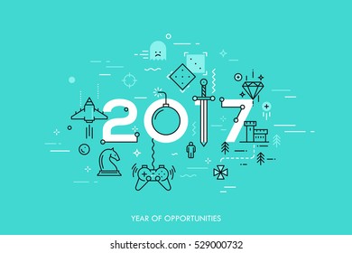 Infographic concept 2017 year of opportunities. New trends and prospects in game development, online gaming,streaming applications, internet competitions for gamers. Vector illustration.