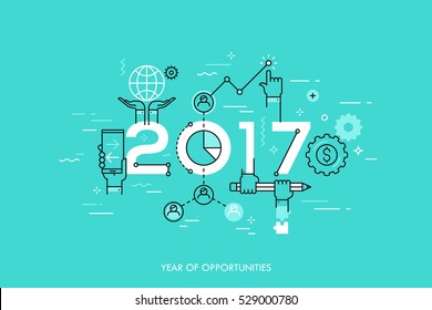 Infographic concept 2017 year of opportunities. New trends and prospects in global business communication, networking, teamwork strategies. Hopes and fears. Vector illustration in thin line style.