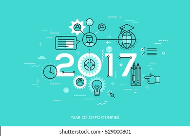 Infographic concept 2017 year of opportunities. New trends and prospects in international education, student exchange programs, online and distance learning. Vector illustration in thin line style.