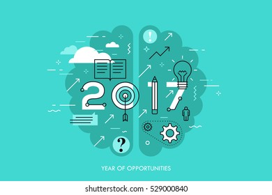 Infographic concept 2017 year of opportunities. New hot trends and prospects in education, global learning, idea generation, self-improvement techniques. Vector illustration in thin line style.