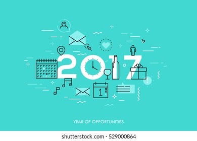 Infographic concept 2017 year of opportunities. Plans and expectations for holidays, new years party, vacation. Gifts and surprises. Vector illustration in thin line style for banner, header.