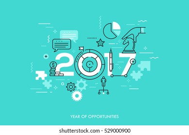 Infographic concept 2017 year of opportunities. Future trends and prospects in business challenges, strategies, international networking, communication. Vector illustration in thin line style.