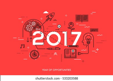 Infographic concept: 2017 - year of opportunities. New trends in idea generation, time management, experience exchange, self-education and self-development. Vector illustration in thin line style.
