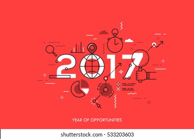 Infographic concept 2017 year of opportunities. New global trends and perspectives in online search, internet tools for business and project management. Vector illustration in thin line style.